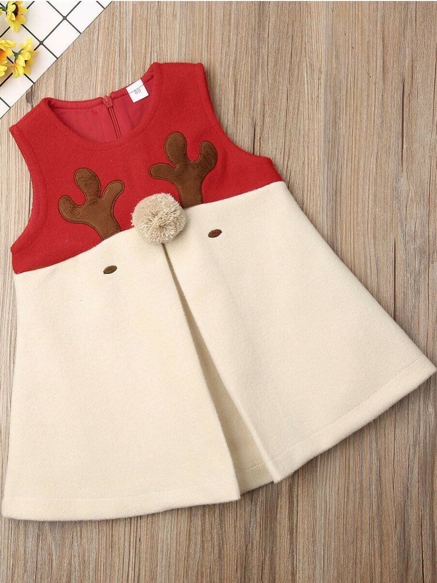 

Lovely Sweet O Neck Sleeveless Christmas Day Patchwork Beig Girl Knee Length Dress, Beige