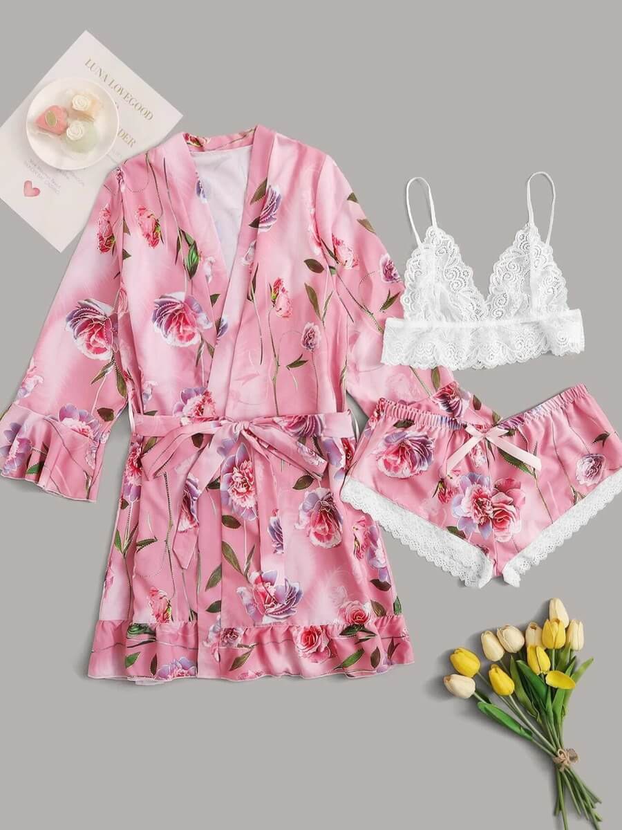 

Lovely Casual Print Lace Patchwork Pink Sleepwear