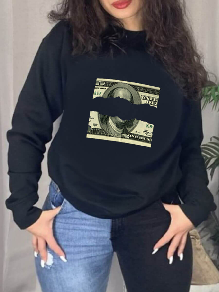

Lovely Casual O Neck Money Print Black Plus Size Hoodie