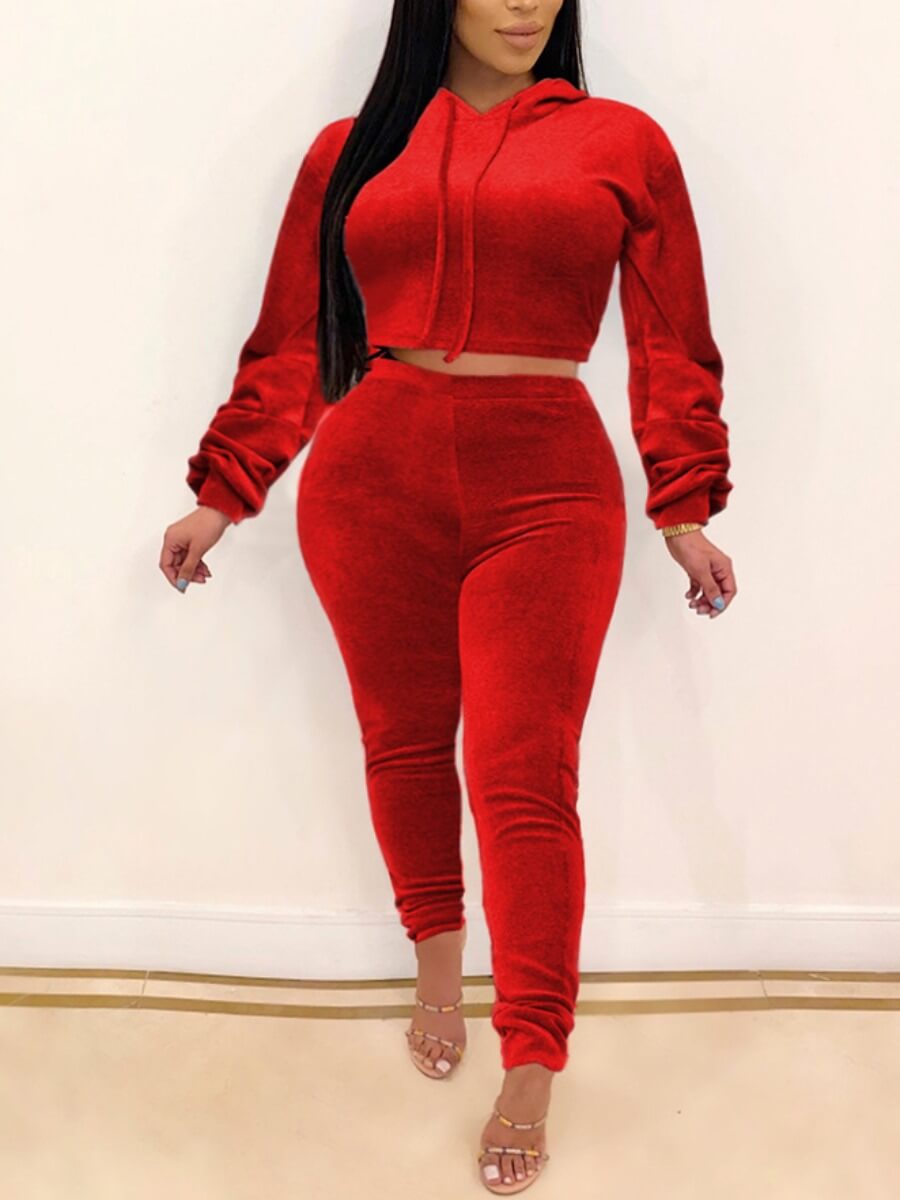 

Lovely Casual Hooded Collar Fold Design Red Two Piece Pants Set