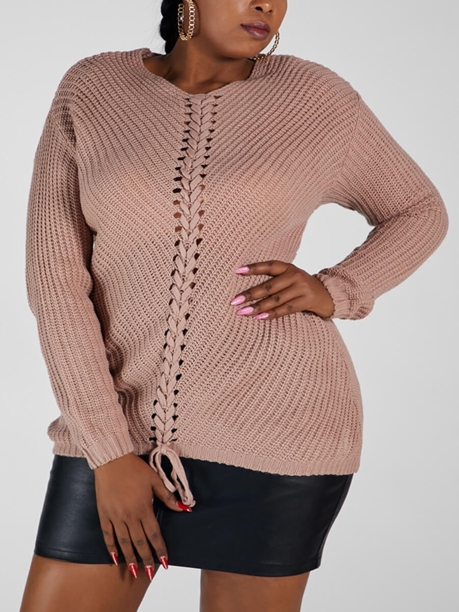 

Lovely Casual Dropped Shoulder Sleeve Drawstring Design Dusty Pink Plus Size Sweater