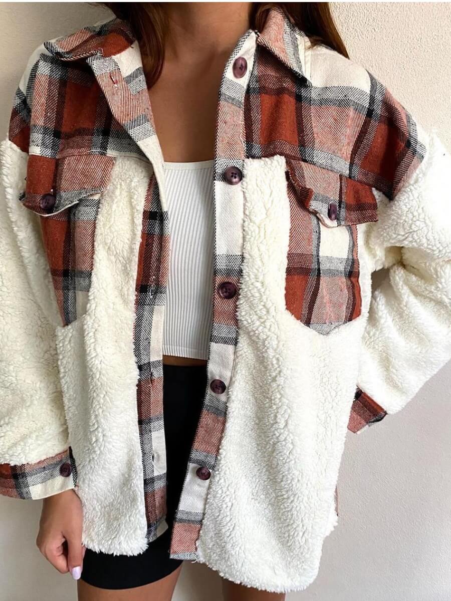 

Lovely Casual Dropped Shoulder Sleeve Plaid Stitching Brown Faux Fur