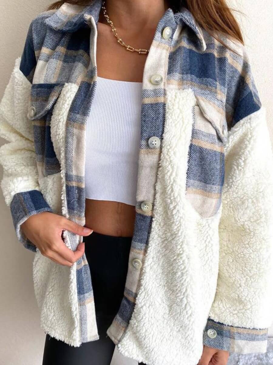 

Lovely Casual Dropped Shoulder Sleeve Plaid Stitching Blue Faux Fur