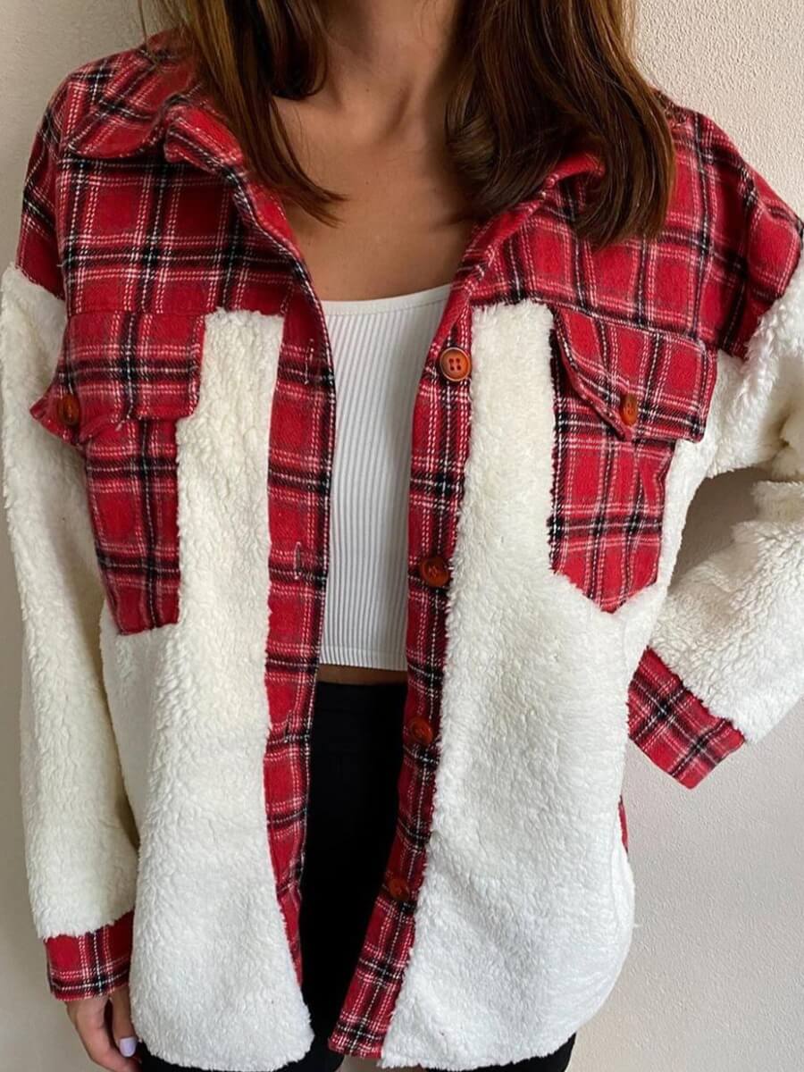 

Lovely Casual Dropped Shoulder Sleeve Plaid Stitching Red Faux Fur
