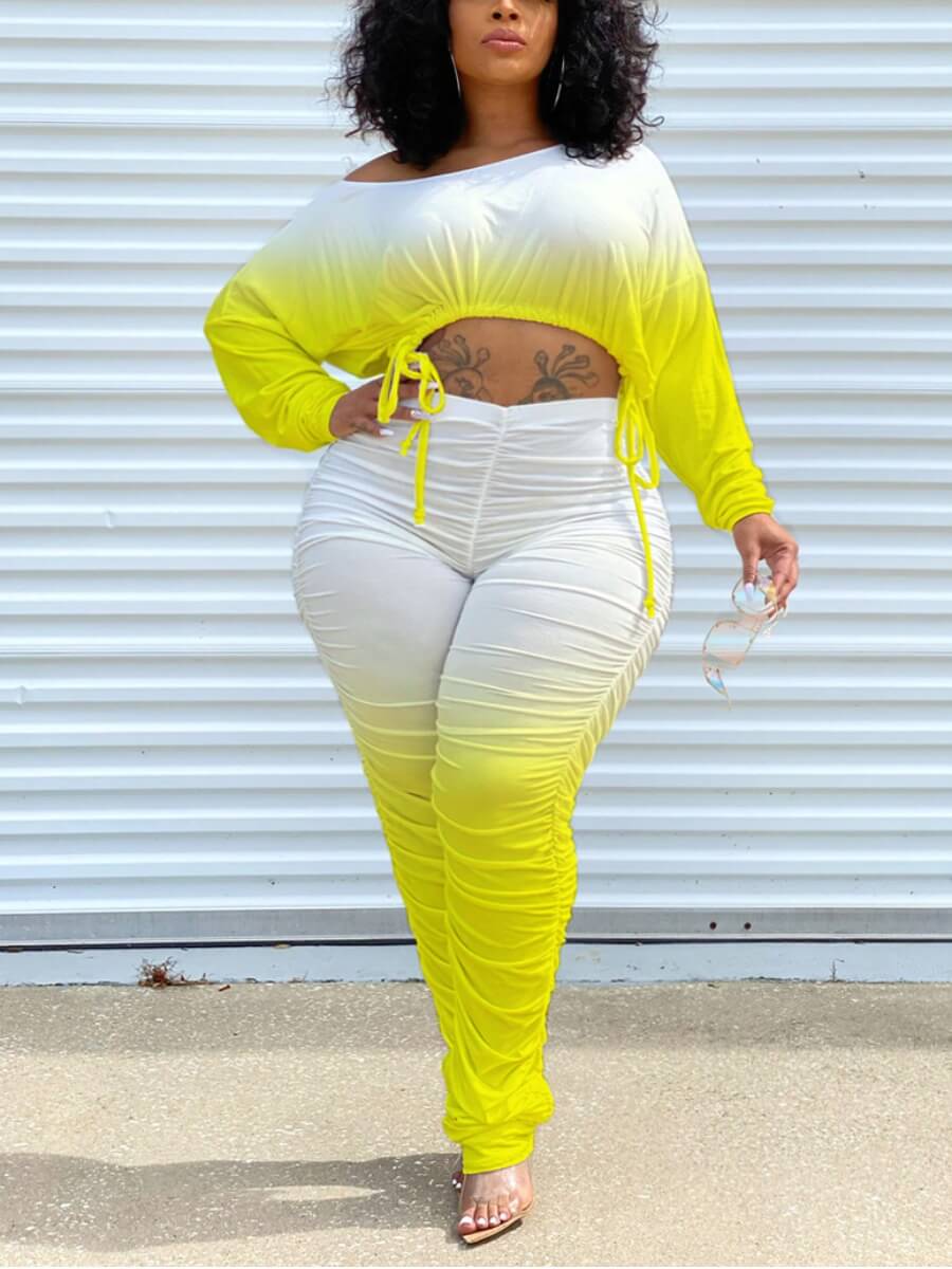 

Lovely Casual Gradient Print Stitching Yellow Plus Size Two-piece Pants Set