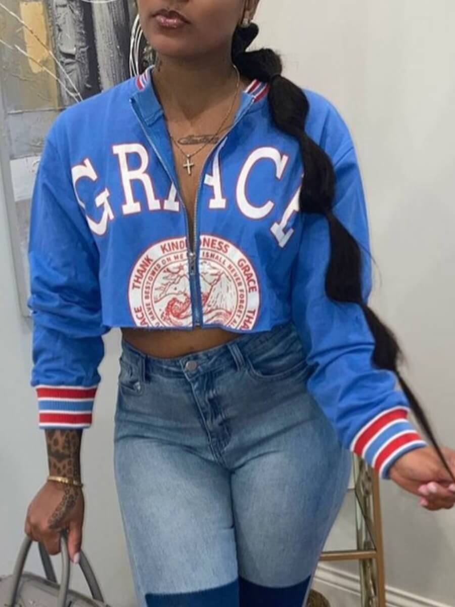 

LW BASICS Casual Mandarin Collar Letter Print Zipper Design Blue Jacket