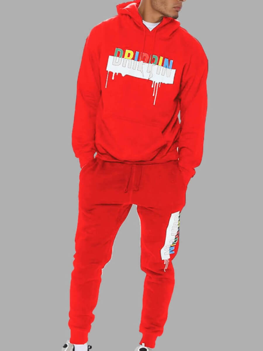 

Lovely Men Casual Hooded Collar Letter Print Red Two-piece Pants Set