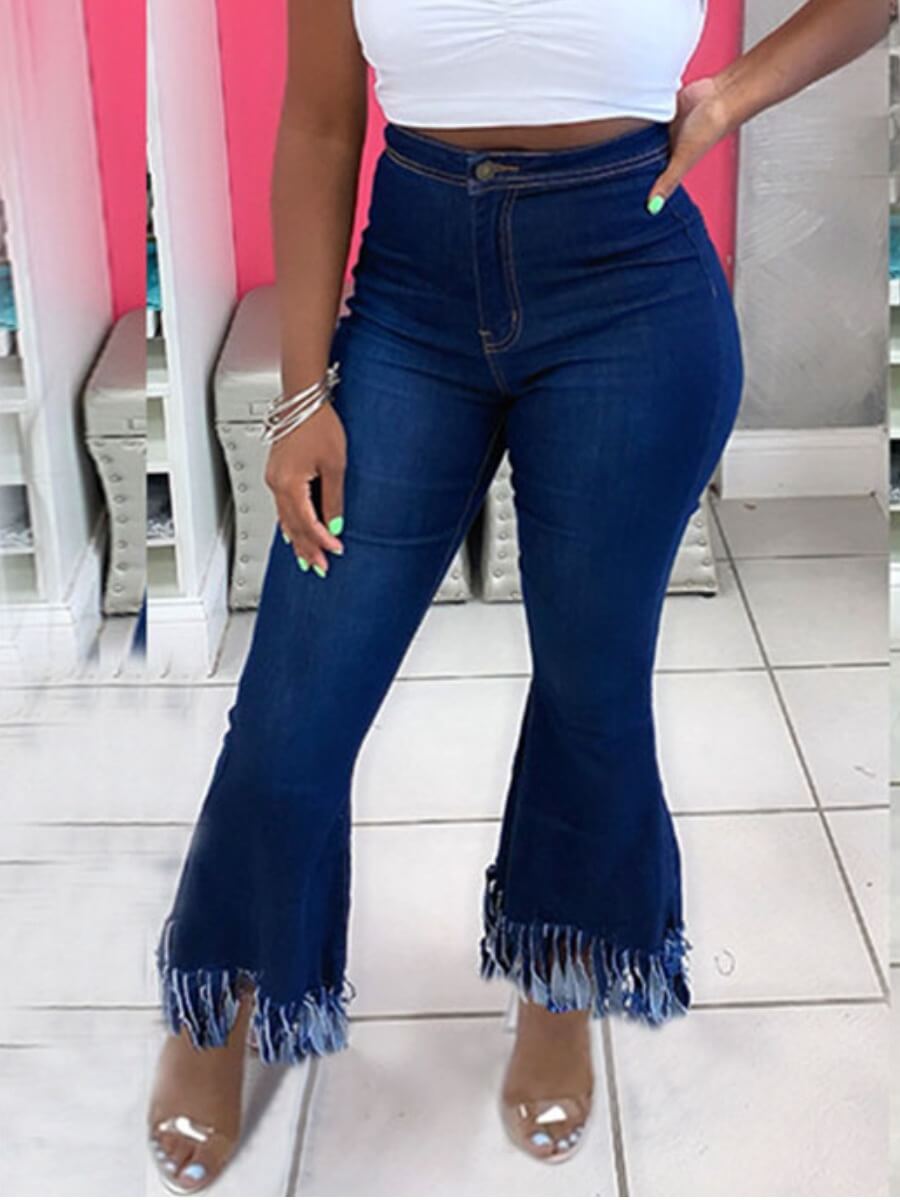 

Lovely Street High-waisted Tassel Design Deep Blue Jeans
