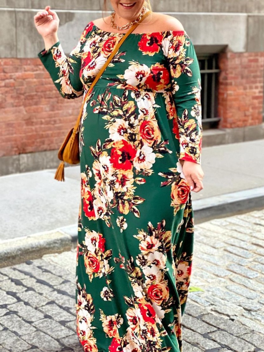 LW Plus Size Off The Shoulder Floral Print A Line Dress