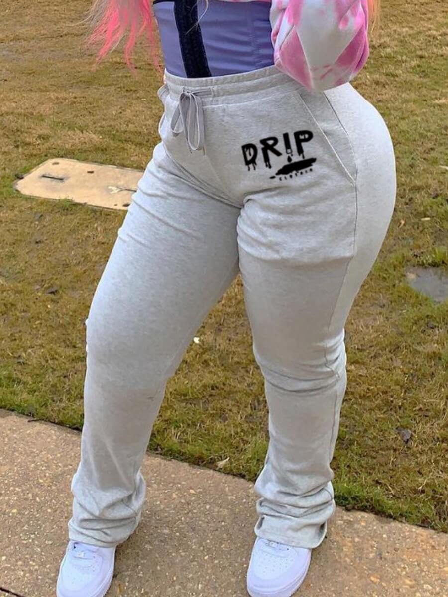 

Lovely Casual Letter Print Drawstring Grey Pants