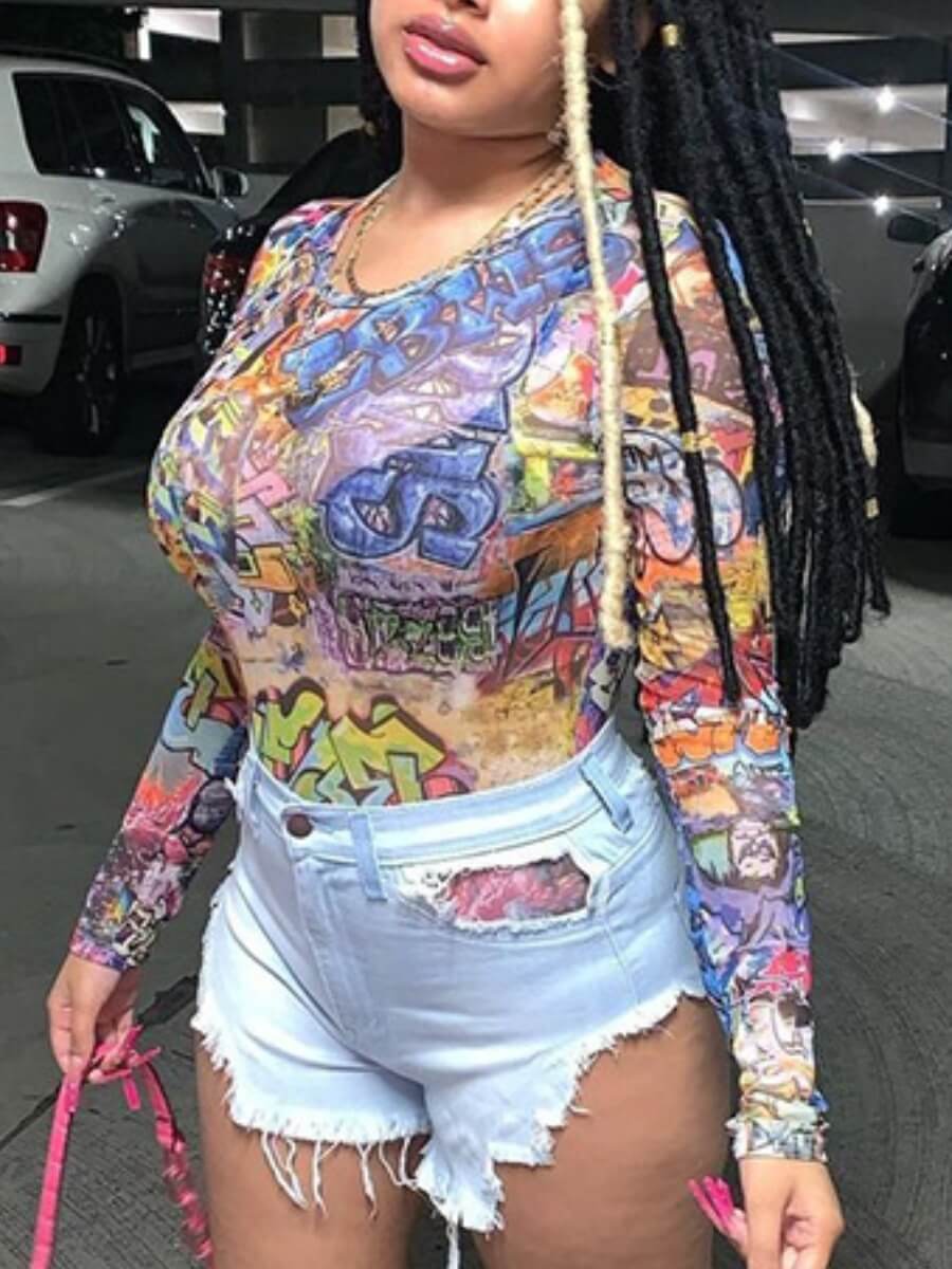 

Lovely Street Graffiti Print Patchwork Multicolor Bodysuit, Multi