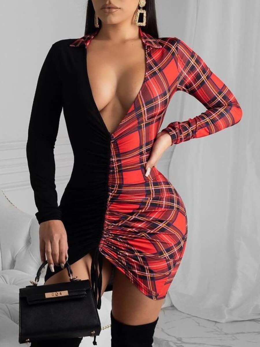 

Lovely Chic Plaid Print Drawstring Black Mini Dress