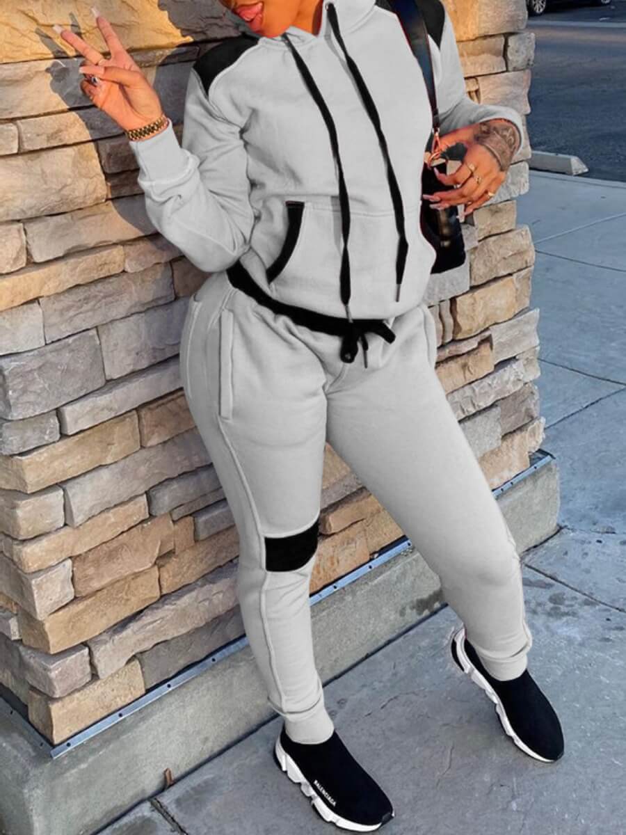 

Lovely Casual Color-lump Patchwork Drawstring Grey Two Piece Pants Set