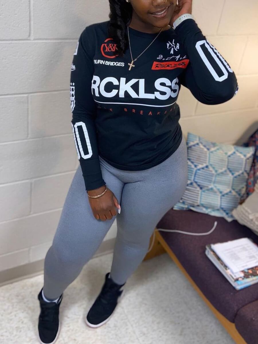 

Lovely Sportswear O Neck Letter Print Black Two Piece Pants Set