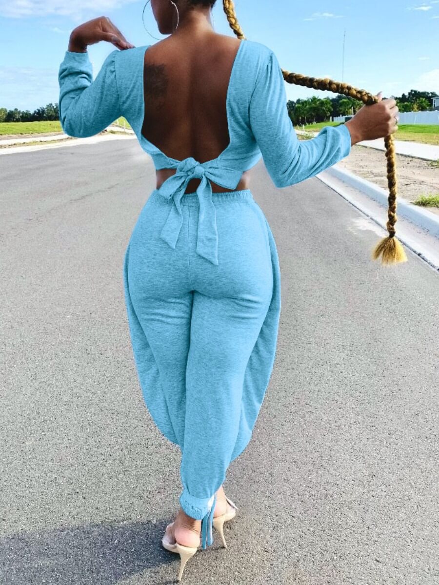 

Lovely Sweet Backless Lace-up Blue Two Piece Pants Set