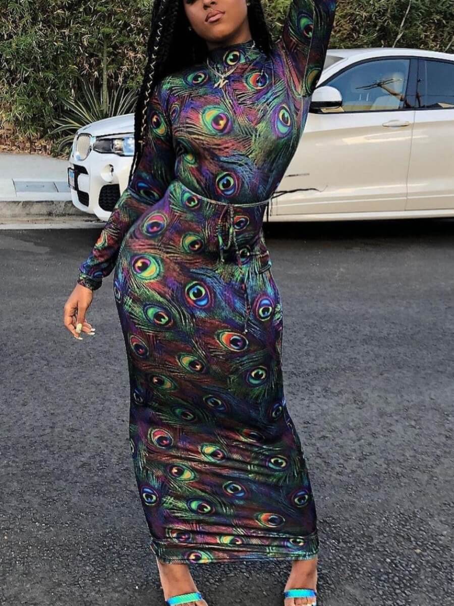 

Lovely Bohemian Half A Turtleneck Print Green Ankle Length Dress