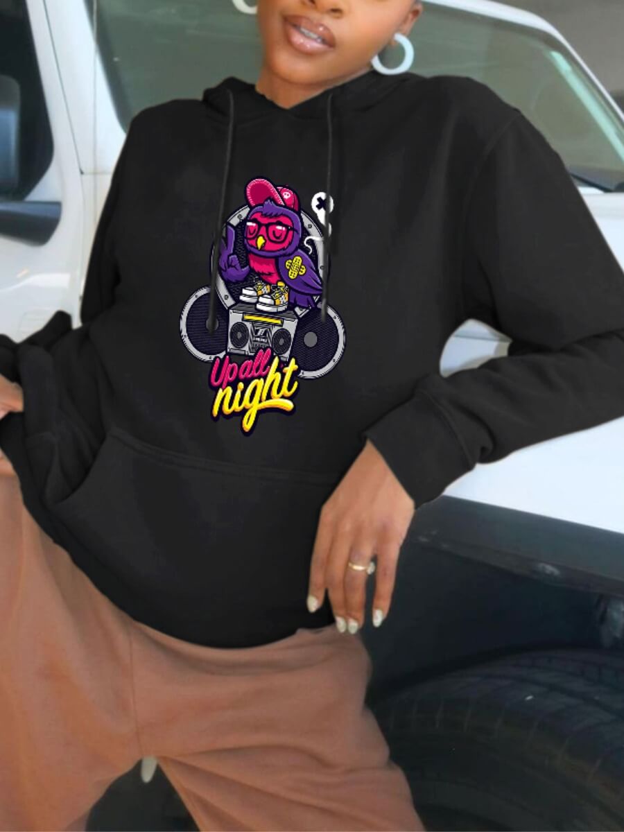 

Lovely Casual Cartoon Print Kangaroo Pocket Black Hoodie