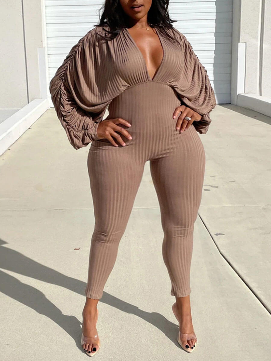

Lovely Casual V Neck Khaki Plus Size One-piece Jumpsuit