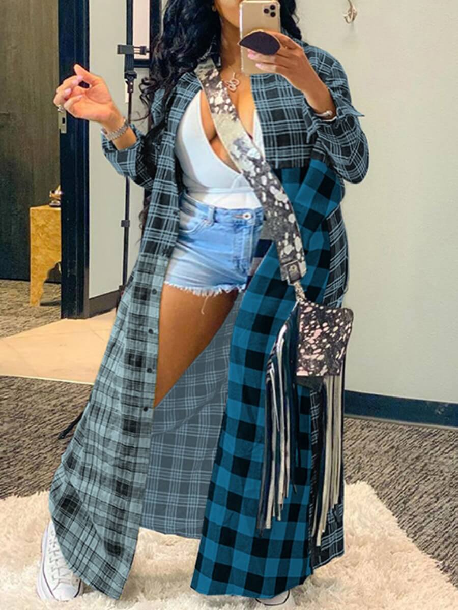 

Lovely Casual Plaid Print Patchwork Blue Trench Coat