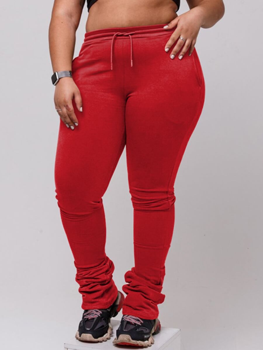 

Lovely Casual Mid Waist Drawstring Design Red Plus Size Pants