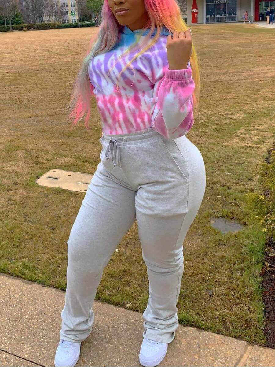 

Lovely Leisure Tie Dye Patchwork Drawstring Grey Two Piece Pants Set
