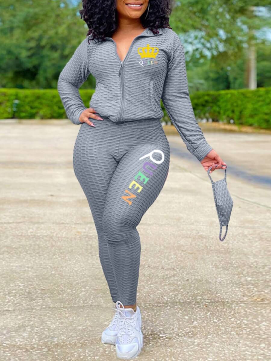 

Lovely Sportswear Letter Print Zipper Design Grey Two Piece Pants Set(Without Mask