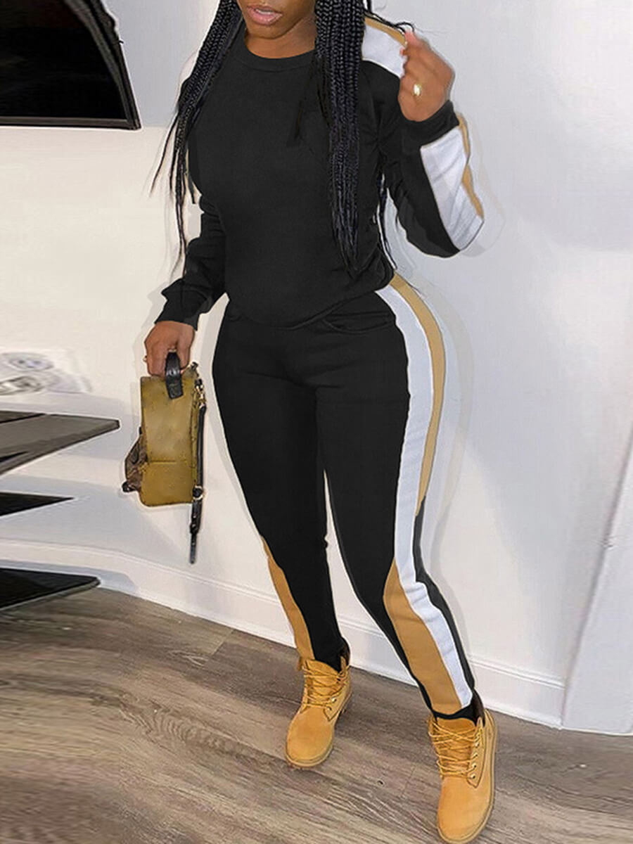 

Lovely Leisure Striped Patchwork Black Plus Size Two-piece Pants Set