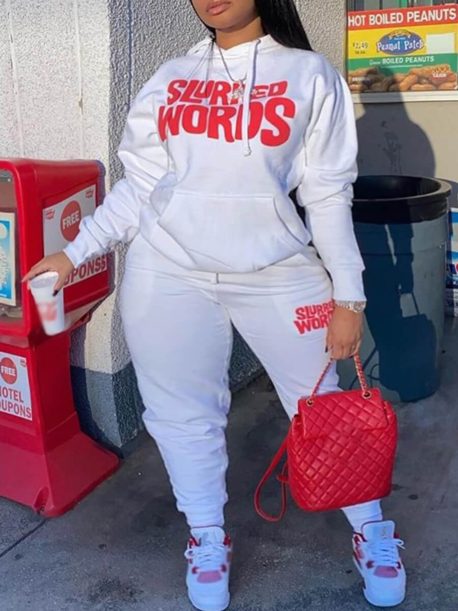 

Lovely Casual Hooded Collar Letter Print White Plus Size Two-piece Pants Set