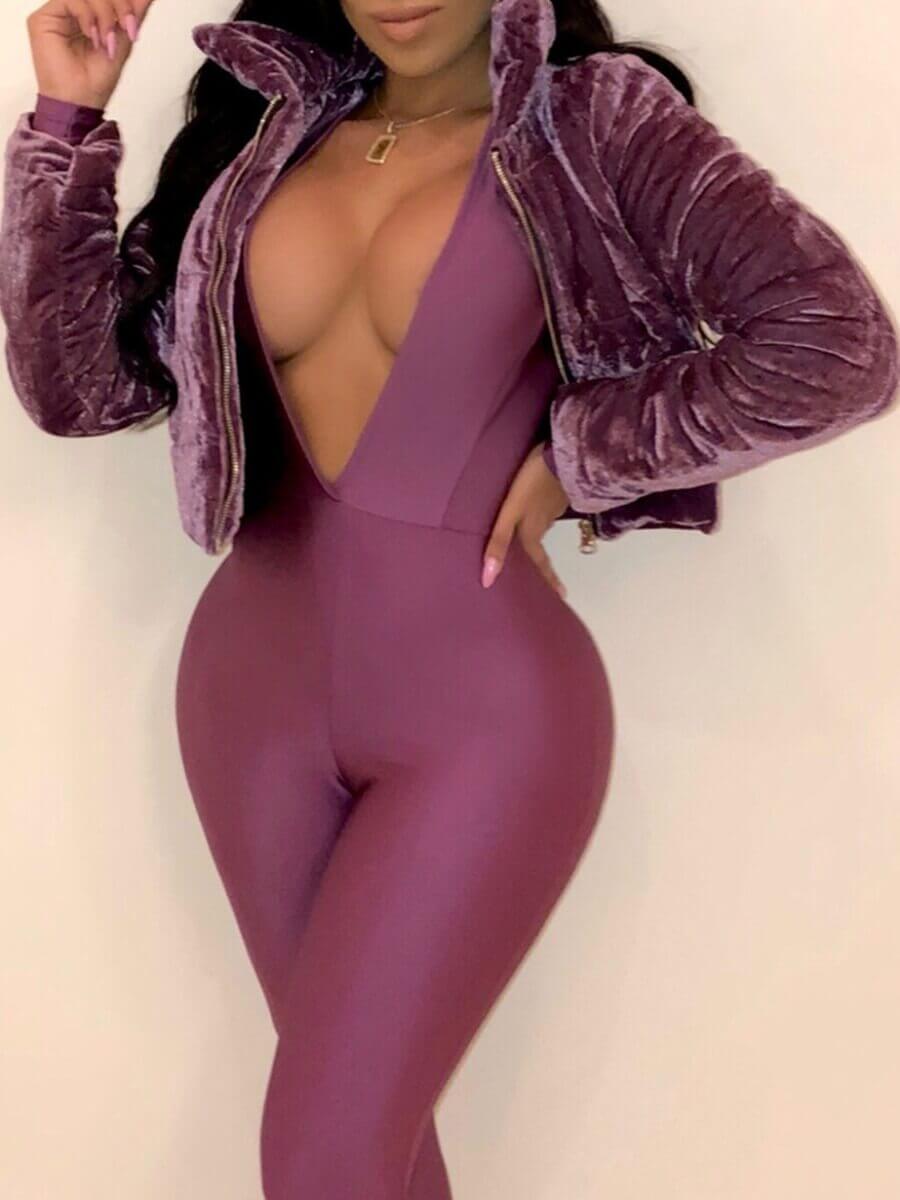 

Lovely Casual Turndown Collar Zipper Design Purple Faux Fur