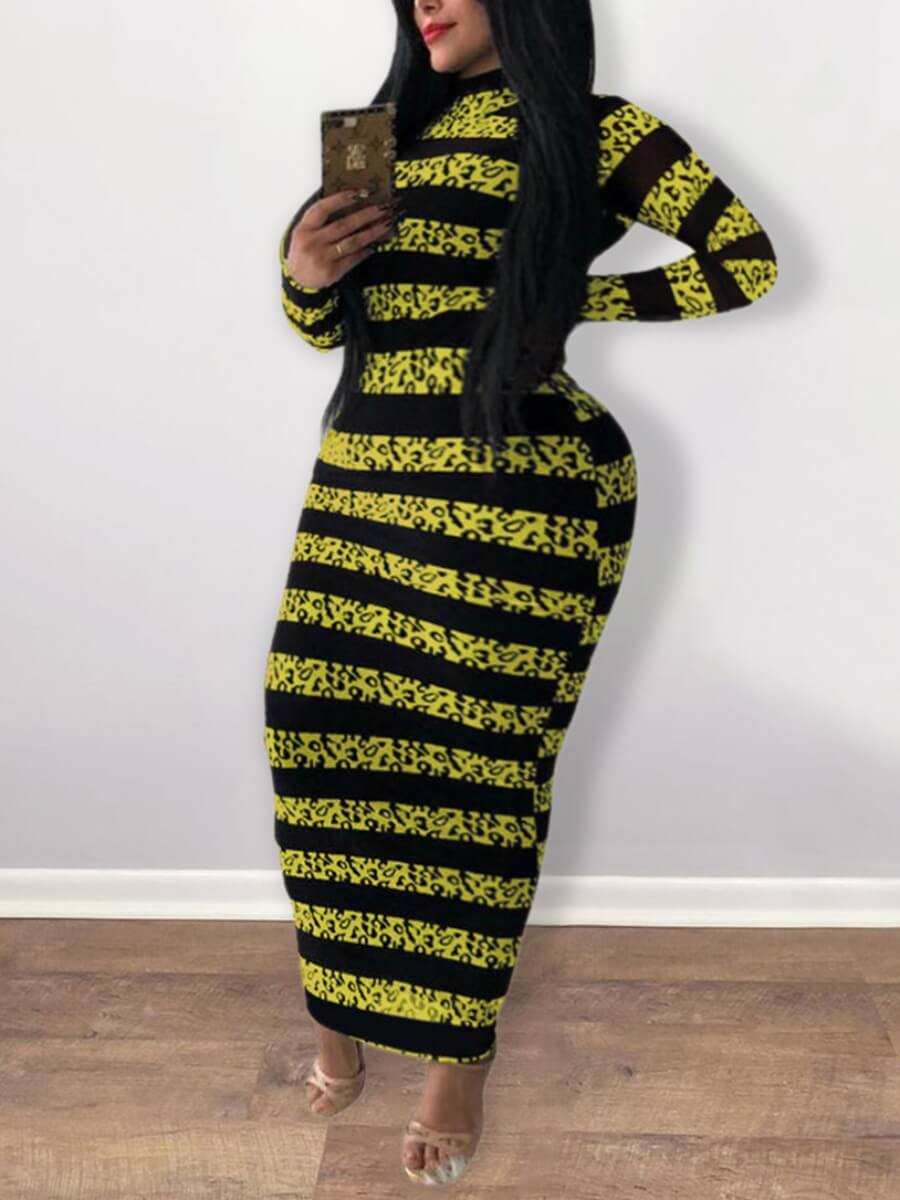 

Lovely Casual Print Patchwork Yellow Ankle Length Plus Size Dress