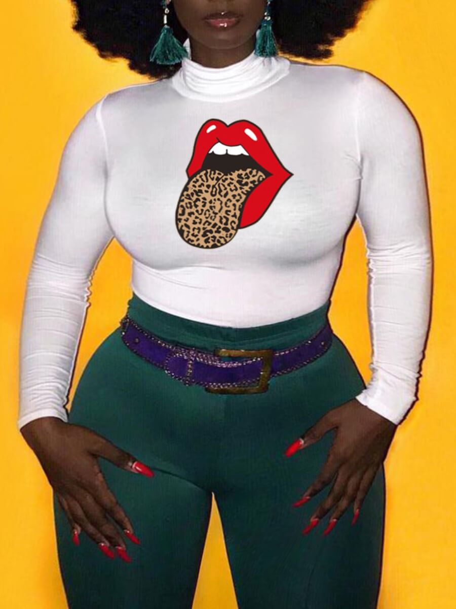 

Lovely Casual Turtleneck Lip Print Red Plus Size T-shirt