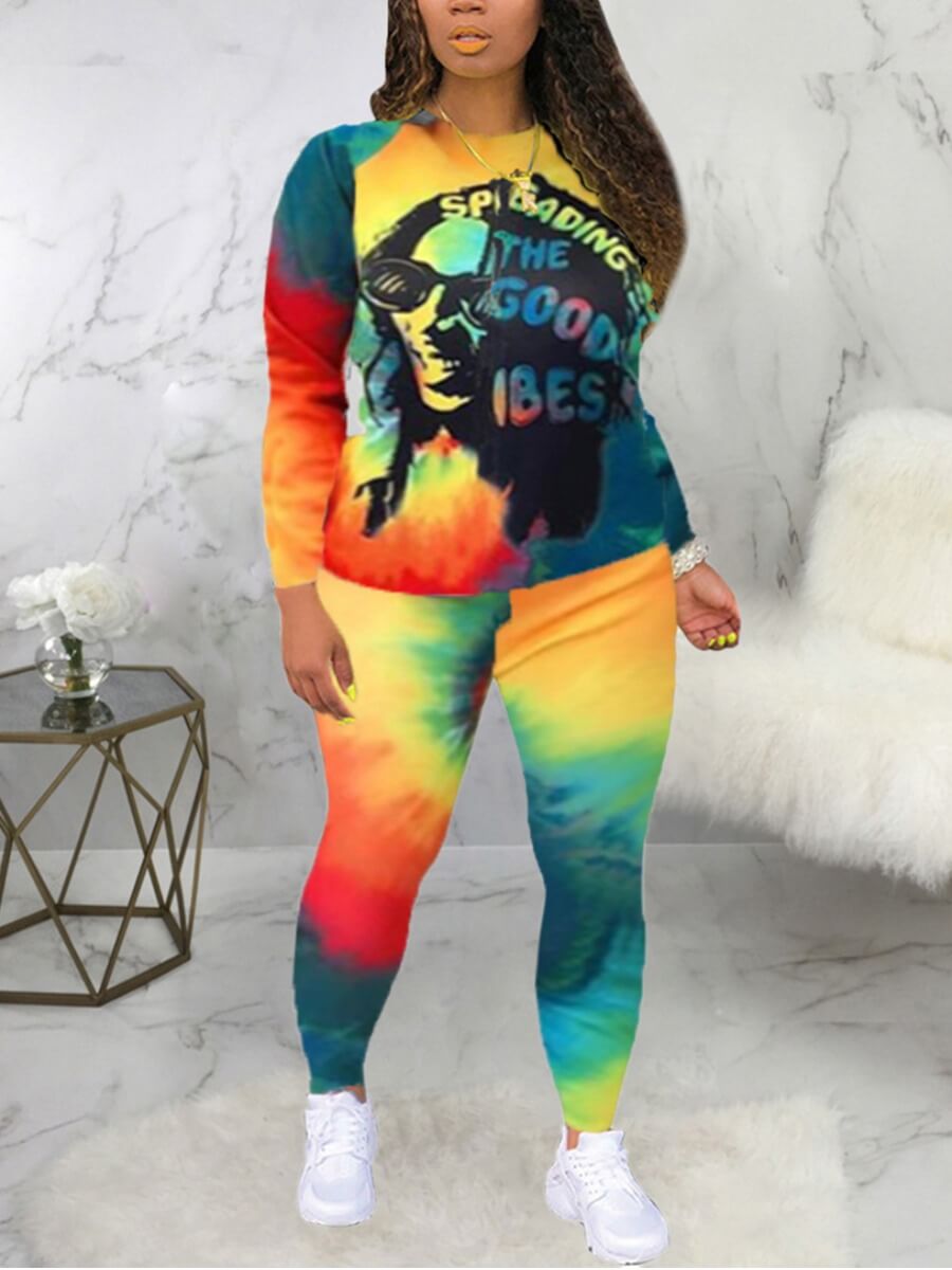 

Lovely Street Graffiti Print Tie-dye Yellow Plus Size Two-piece Pants Set