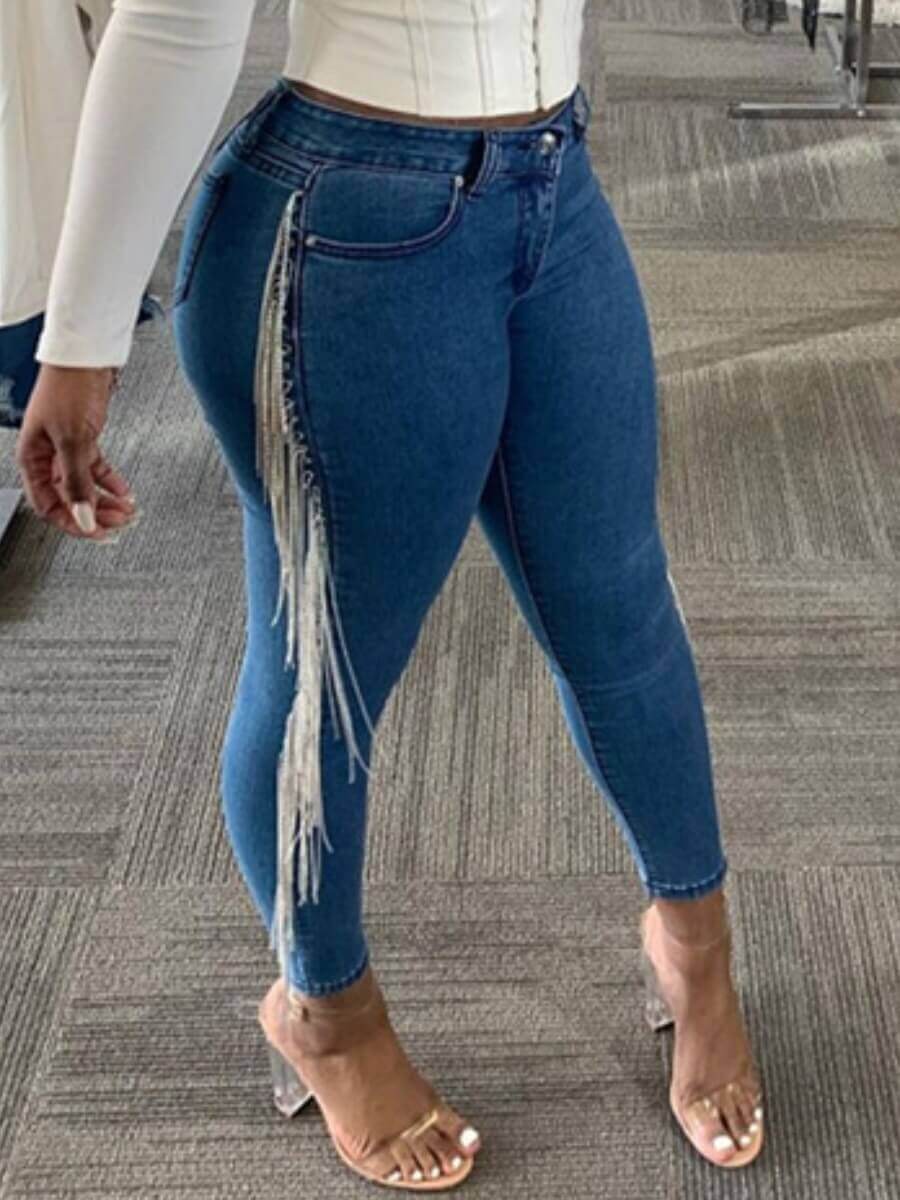 

Lovely Casual High-waisted Patchwork Tassel Design Baby Blue Plus Size Jeans