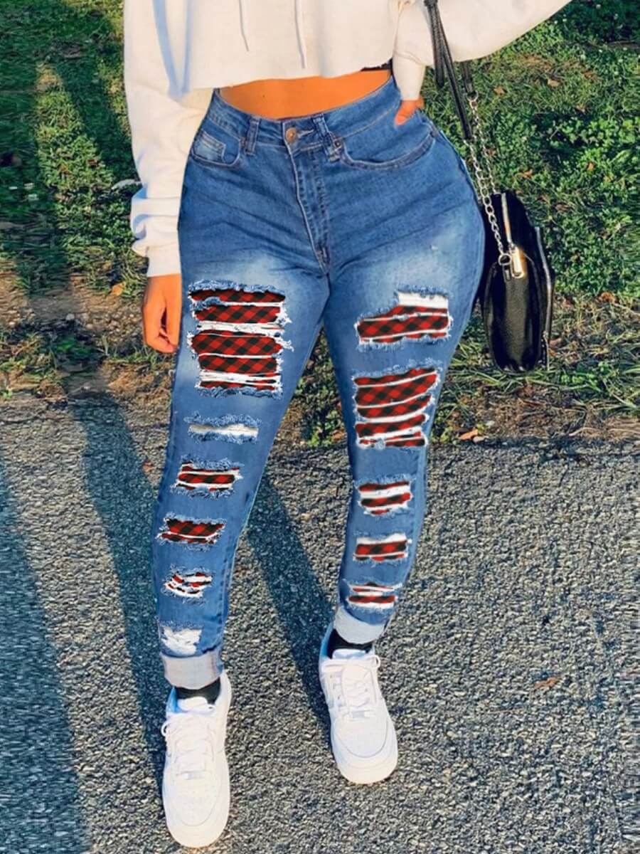

Lovely Casual High-waisted Hollow-out Deep Blue Jeans