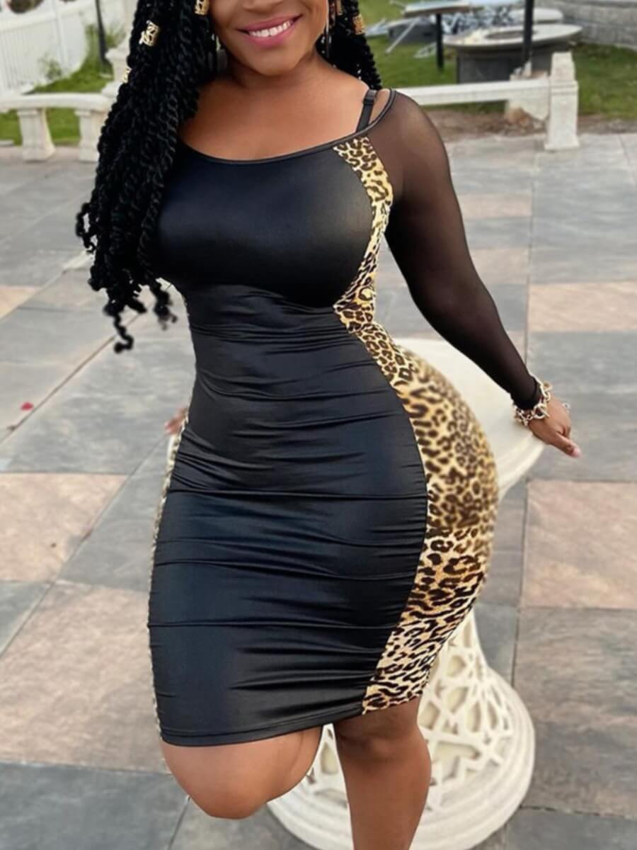 

Lovely Chic Leopard Print Patchwork Black Knee Length Dress
