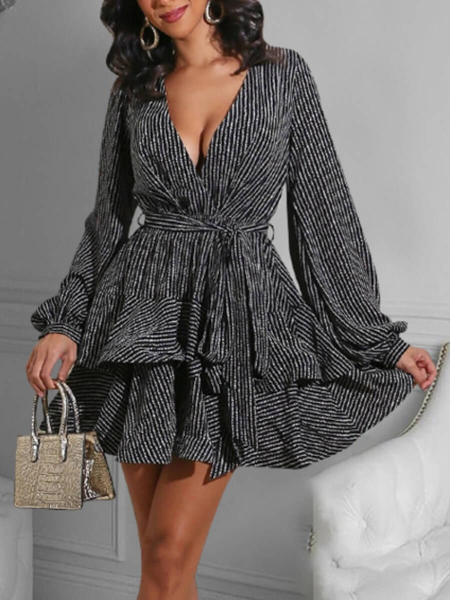 

Lovely Sweet Lace-up Layered Cascading Black Mini A Line Dress