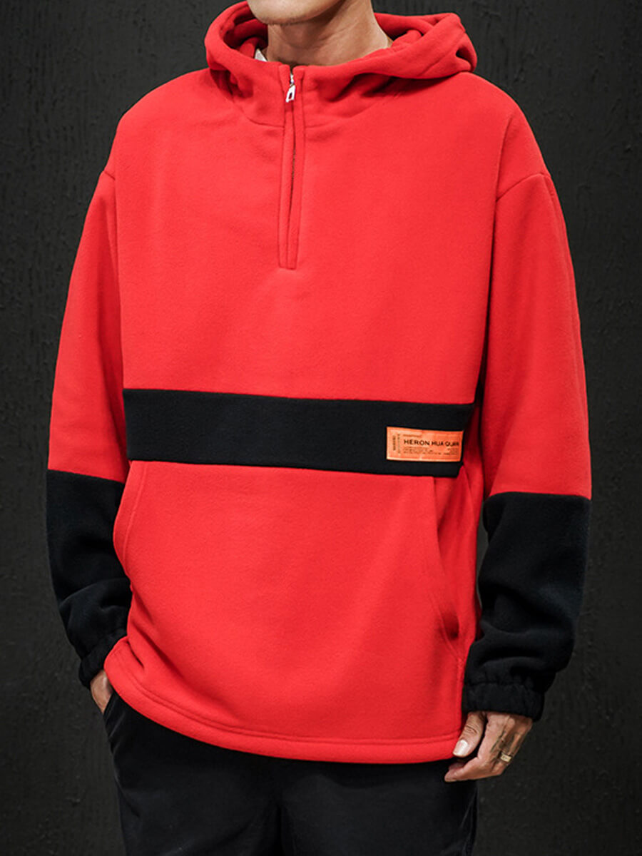 

Lovely Casual Hooded Collar Color-lump Stitching Red Men Hoodie