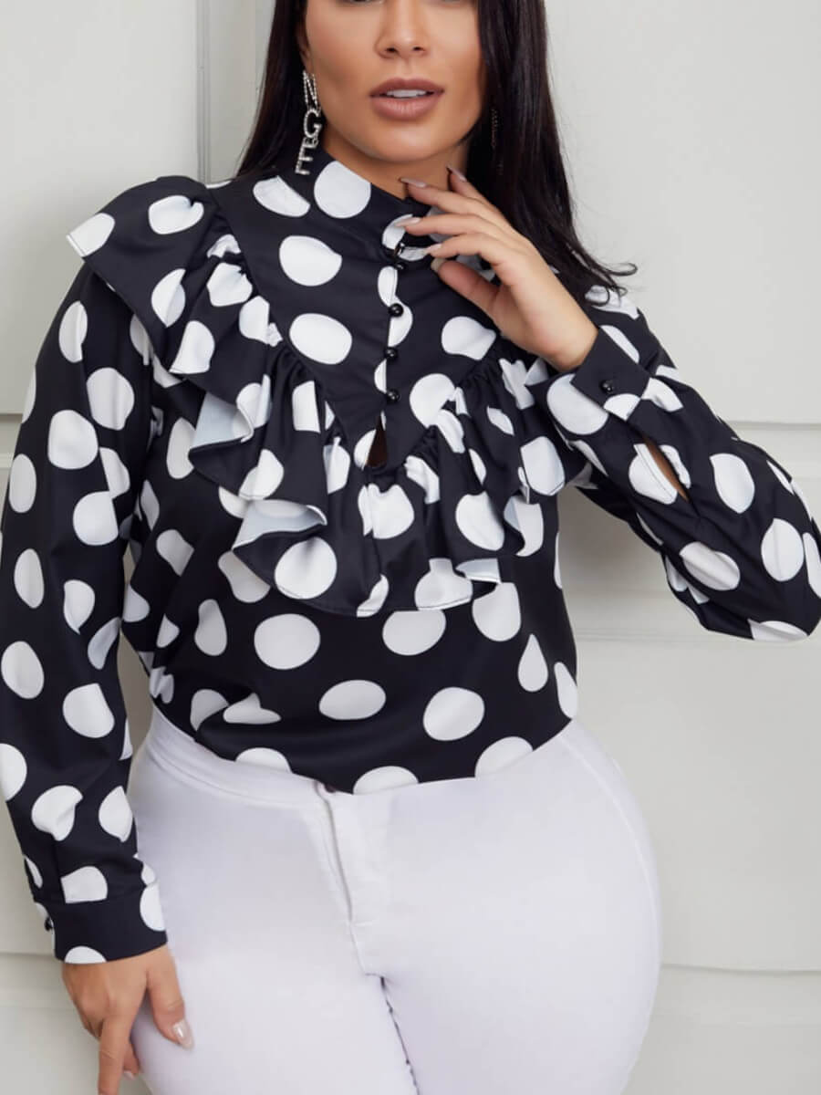 

Lovely Stylish Dot Print Flounce Design Black Plus Size Blouse, Black dot
