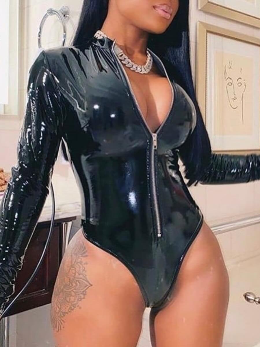

Lovely Sexy Zipper Design Basic Skinny Black Bodysuit