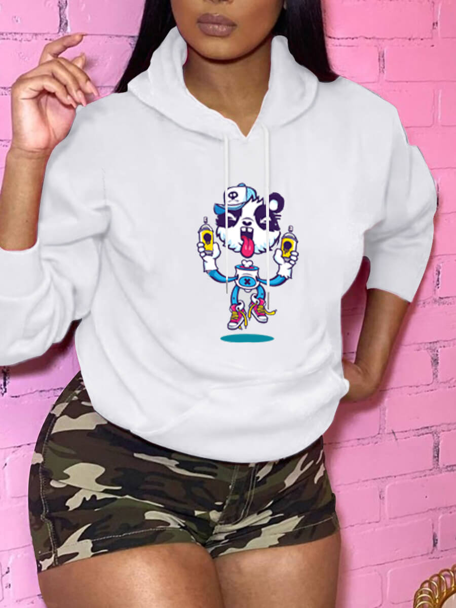 

Lovely Casual Cartoon Print Kangaroo Pocket White Hoodie