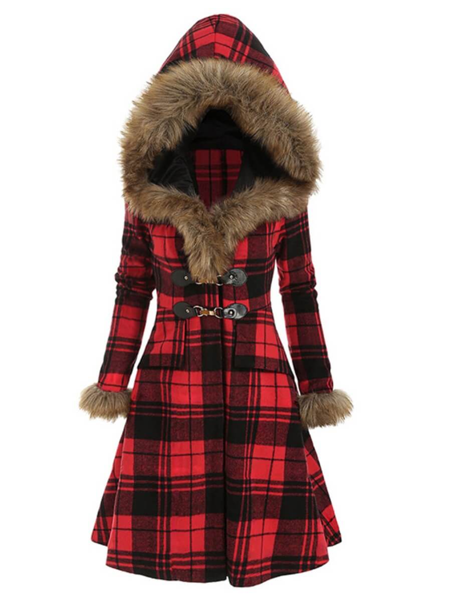 

Lovely Casual Hooded Collar Plaid Print Red Woolen Coat