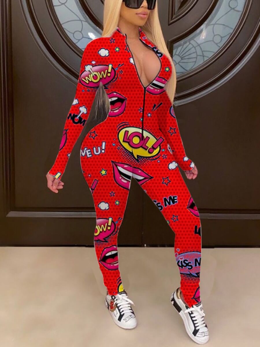 

Lovely Casual Mandarin Collar Print Red One-piece Jumpsuit