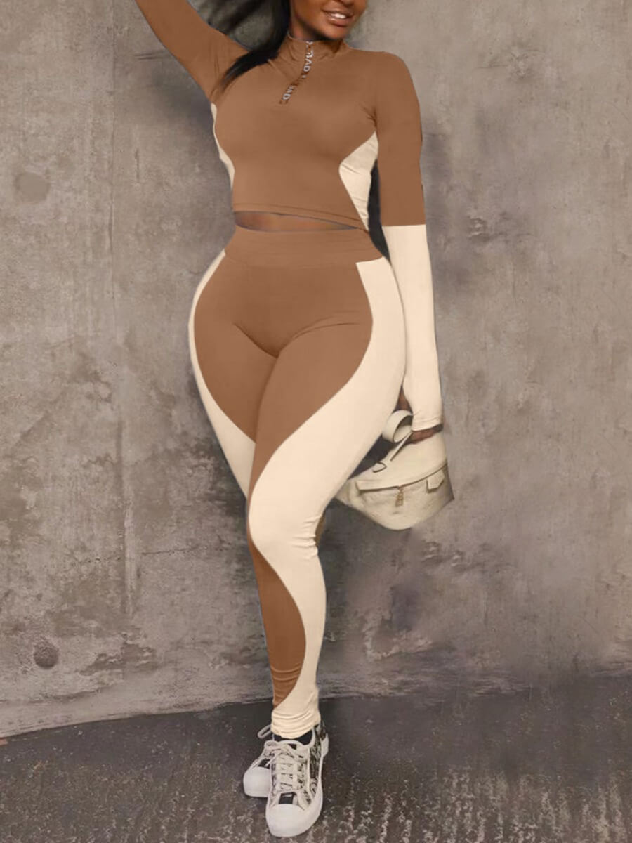 

Lovely Casual Mandarin Collar Patchwork Coffee Plus Size Two-piece Pants Set
