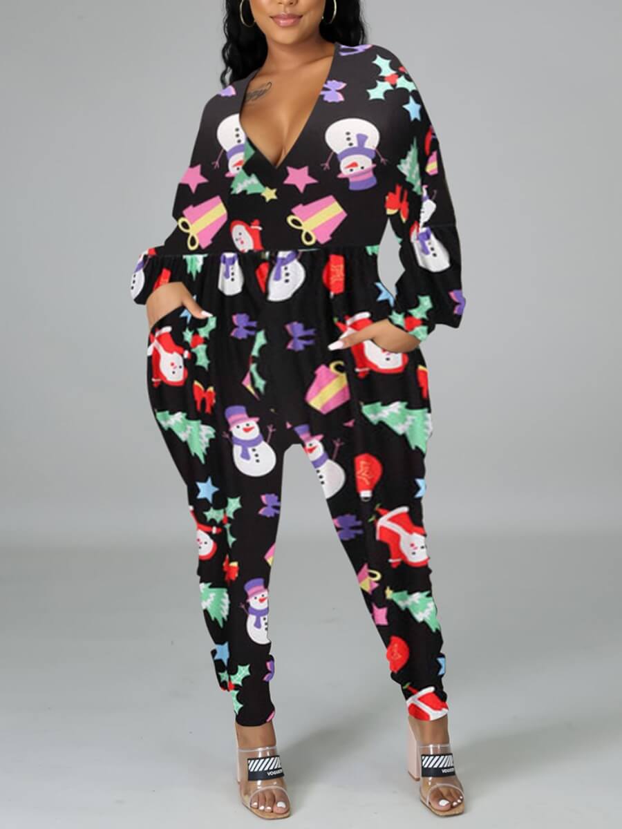 

Lovely Casual V Neck Cartoon Print Black Plus Size One-piece Jumpsuit