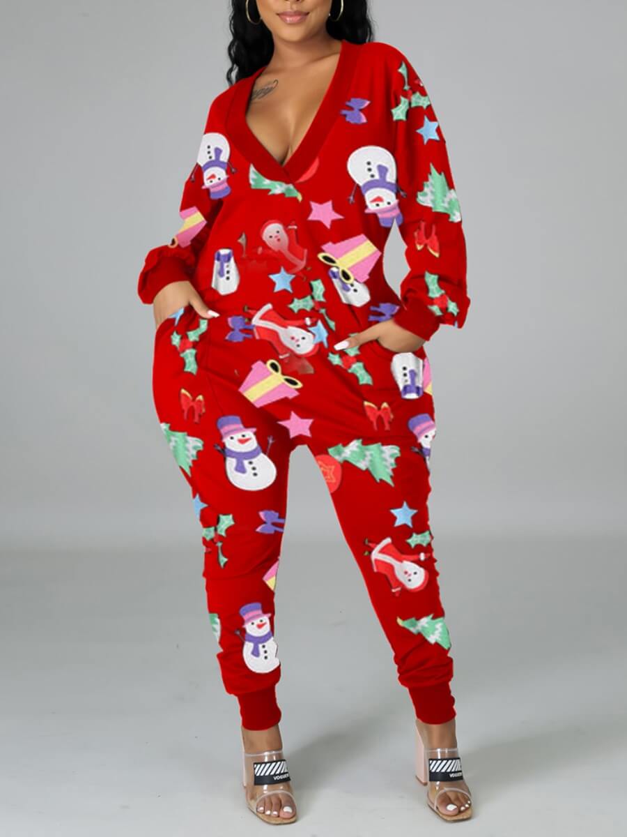 

Lovely Casual V Neck Cartoon Print Red Plus Size One-piece Jumpsuit