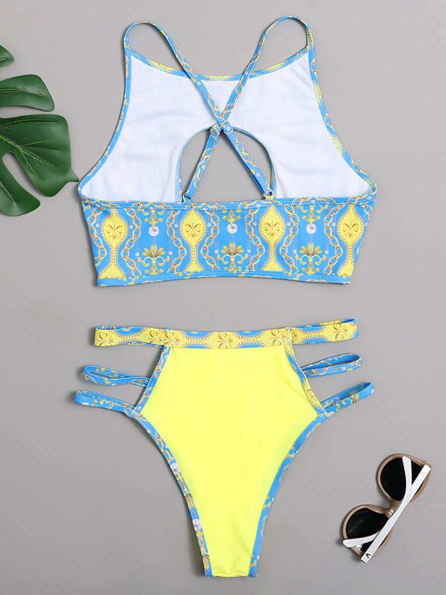 LW Sexy Floral Print Hollow-out Blue Two-piece Swimsuit