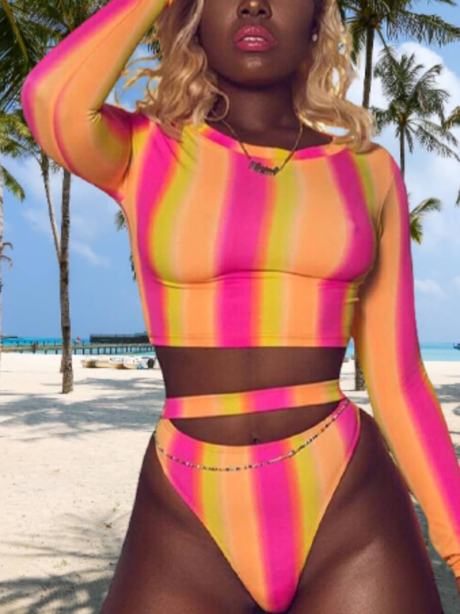 

LW BASICS Sweet Striped Patchwork Rose Red Two-piece Swimsuit