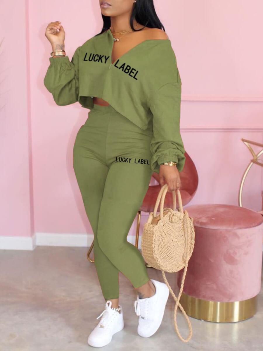 

Lovely Casual Dropped Shoulder Letter Print Army Green Two Piece Pants Set
