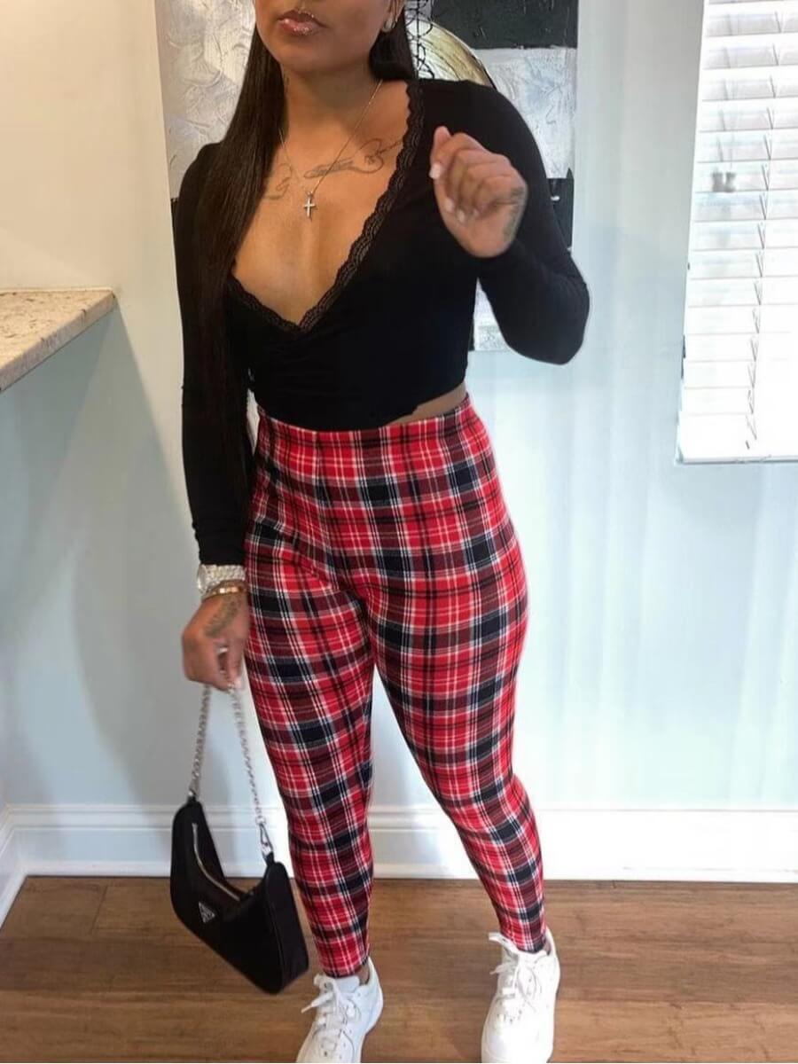 

Lovely Casual Deep V Neck Plaid Print Red Two Piece Pants Set