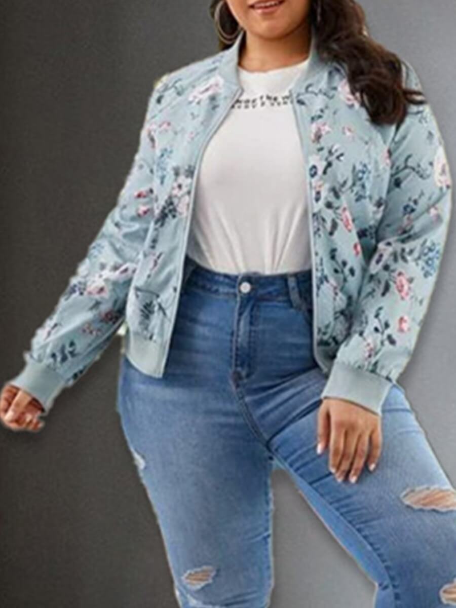 

Lovely Casual Floral Print Patchwork Blue Coat